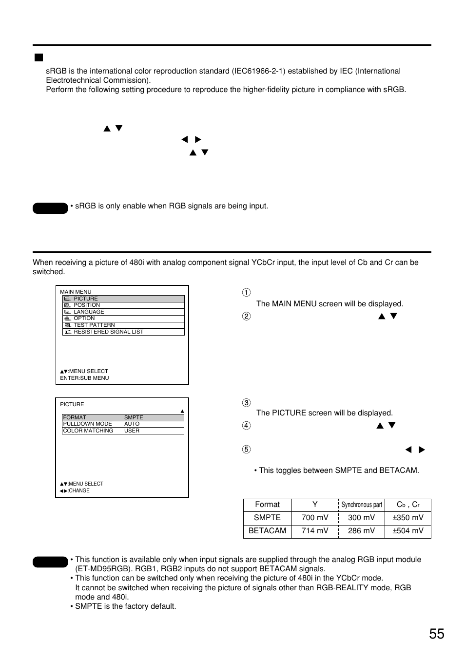 To set the srgb compliant picture, To input betacam with ycbcr 480i, 480i | Panasonic PT-D7500U User Manual | Page 55 / 112
