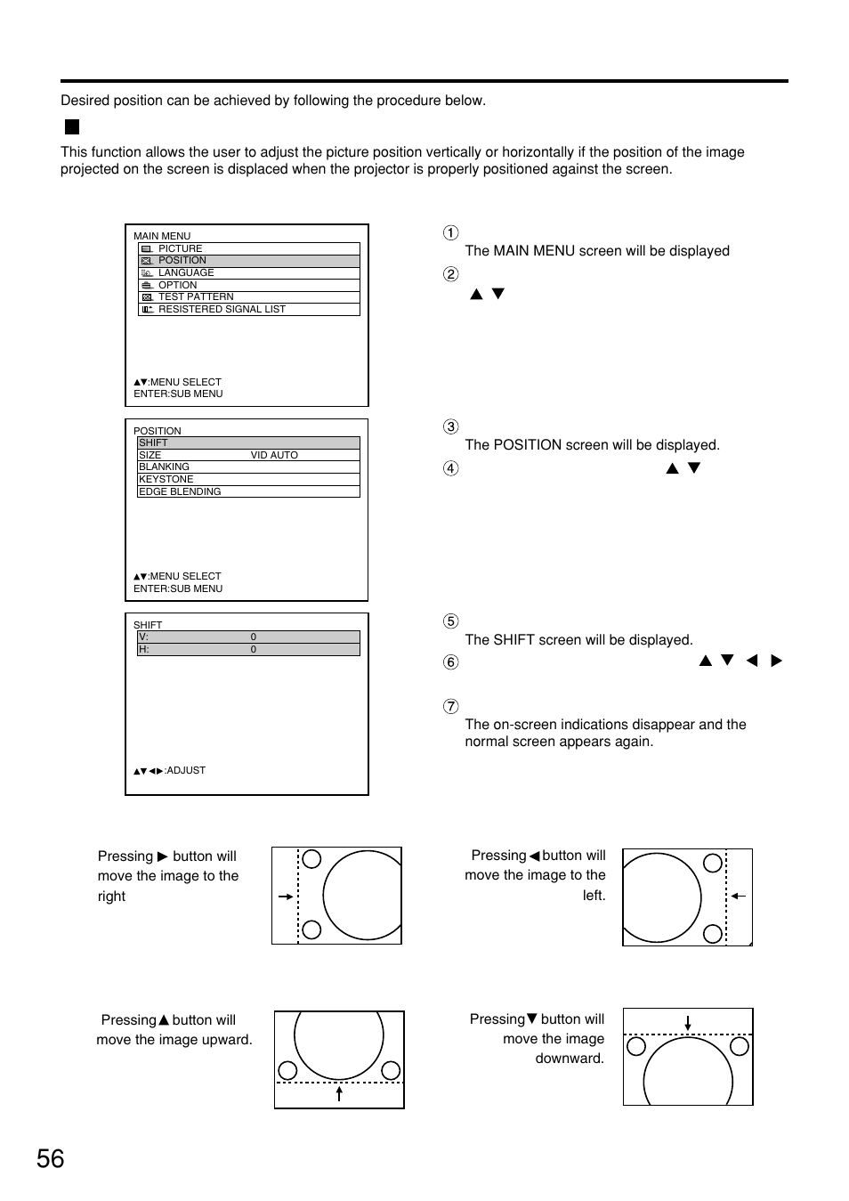 Adjusting the position, Shift adjustment | Panasonic PT-D7500U User Manual | Page 56 / 112