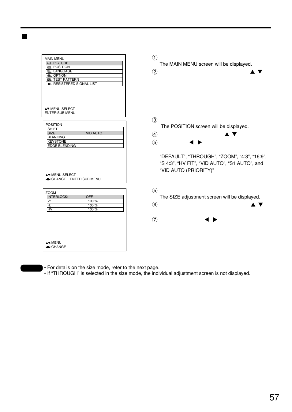 Size adjustment | Panasonic PT-D7500U User Manual | Page 57 / 112