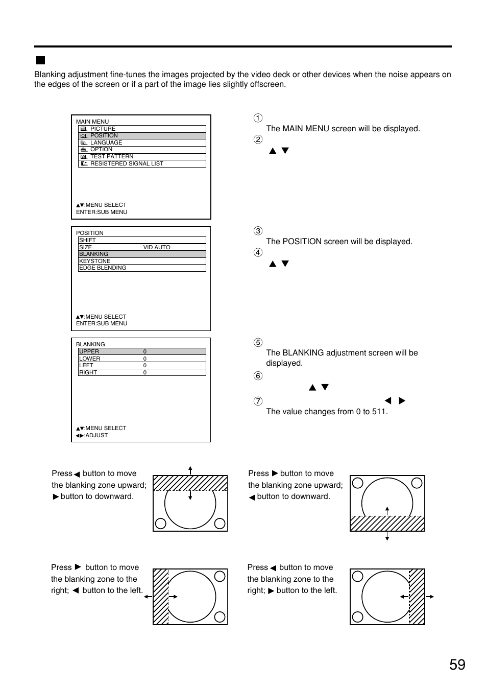 Blanking adjustment, Press the “menu” button, Select the “position” with the buttons | Press the “enter” button, Select “blanking” with the buttons, Procedure of adjustment | Panasonic PT-D7500U User Manual | Page 59 / 112