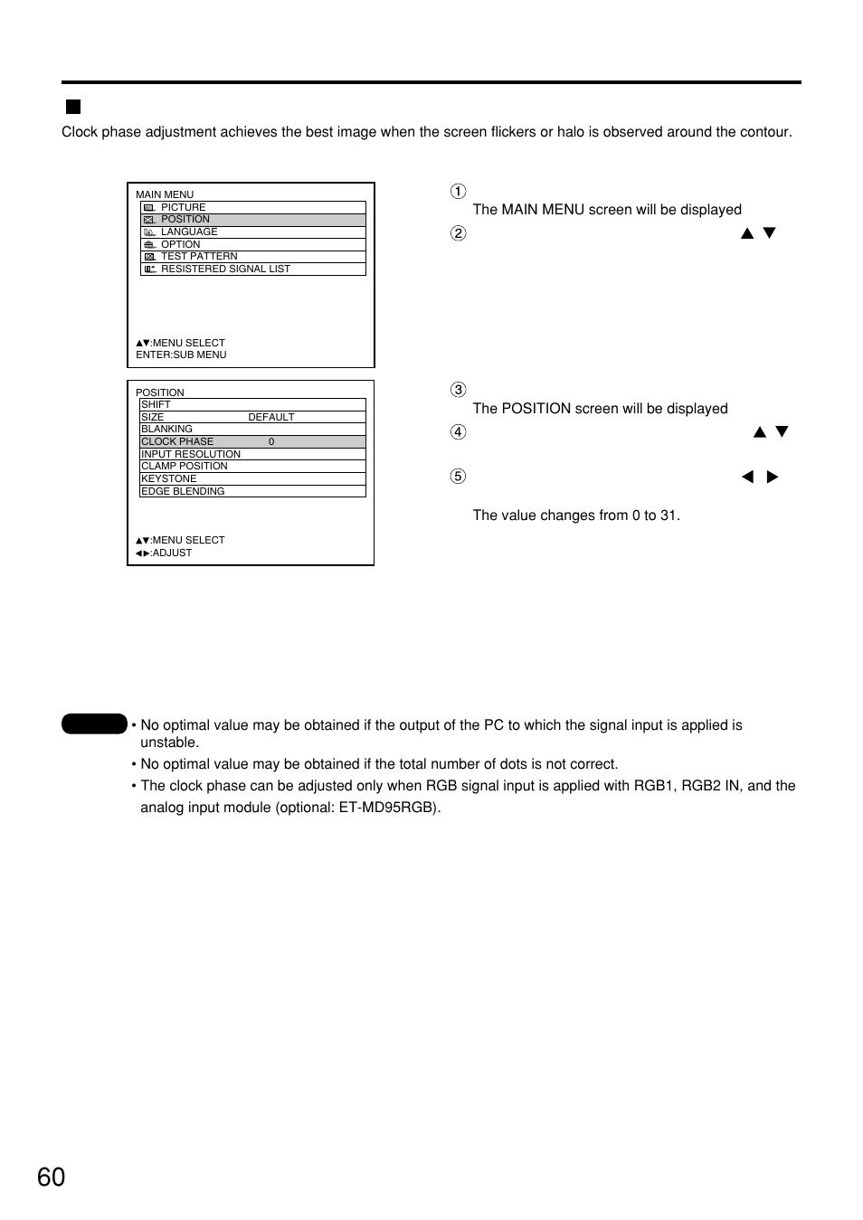 Clock phase adjustment, Adjusting the position | Panasonic PT-D7500U User Manual | Page 60 / 112