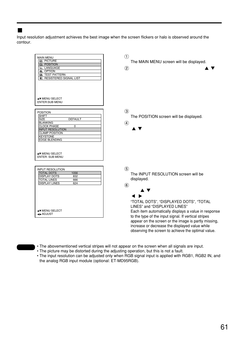 Adjusting the input resolution, Press the “enter” button, Procedure of adjustment press the “menu” button | Select “input resolution” with the buttons | Panasonic PT-D7500U User Manual | Page 61 / 112