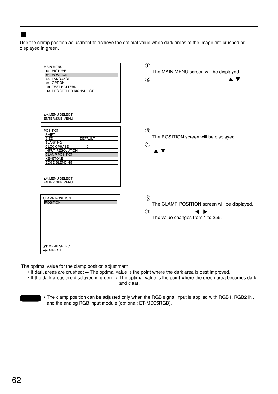 Adjusting the clamp position, Adjusting the position | Panasonic PT-D7500U User Manual | Page 62 / 112