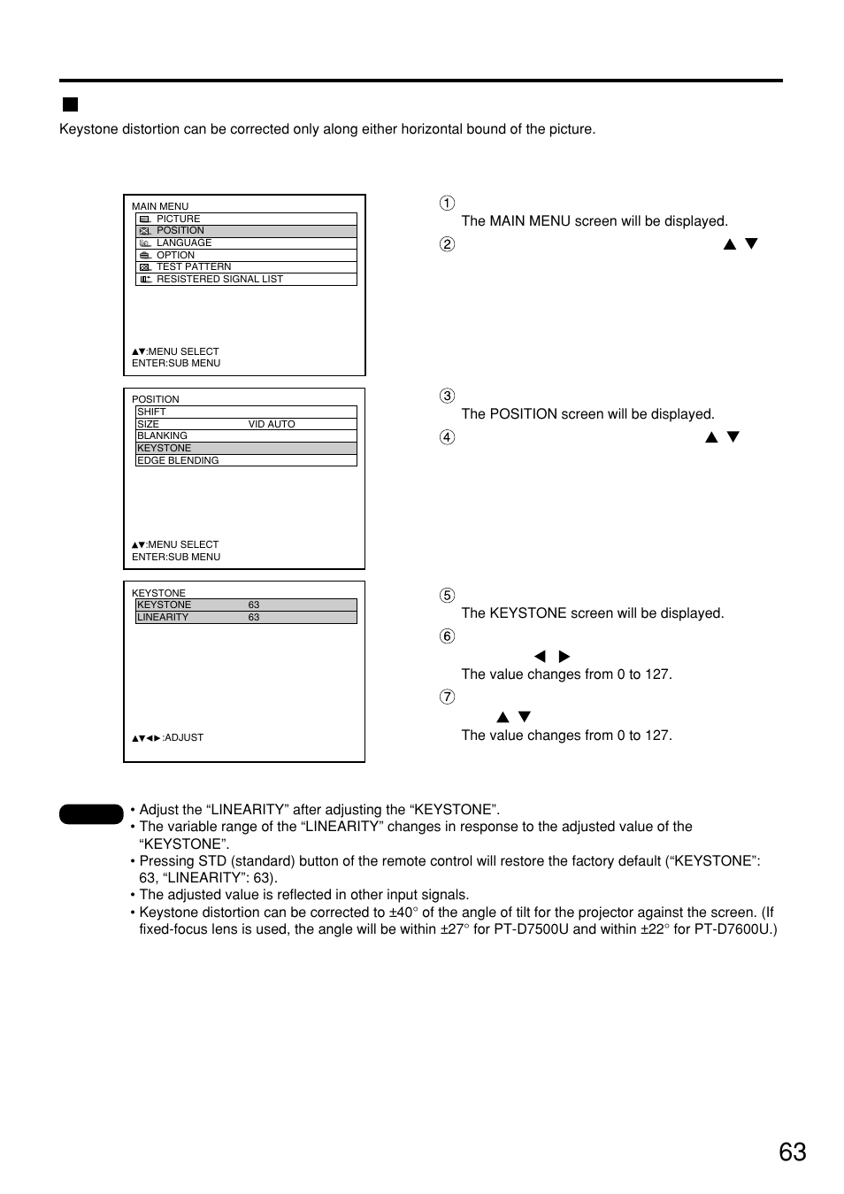 Keystone distortion correction | Panasonic PT-D7500U User Manual | Page 63 / 112