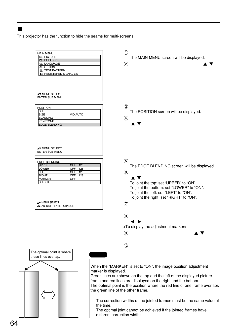 Edge blending adjustment, Adjusting the position | Panasonic PT-D7500U User Manual | Page 64 / 112