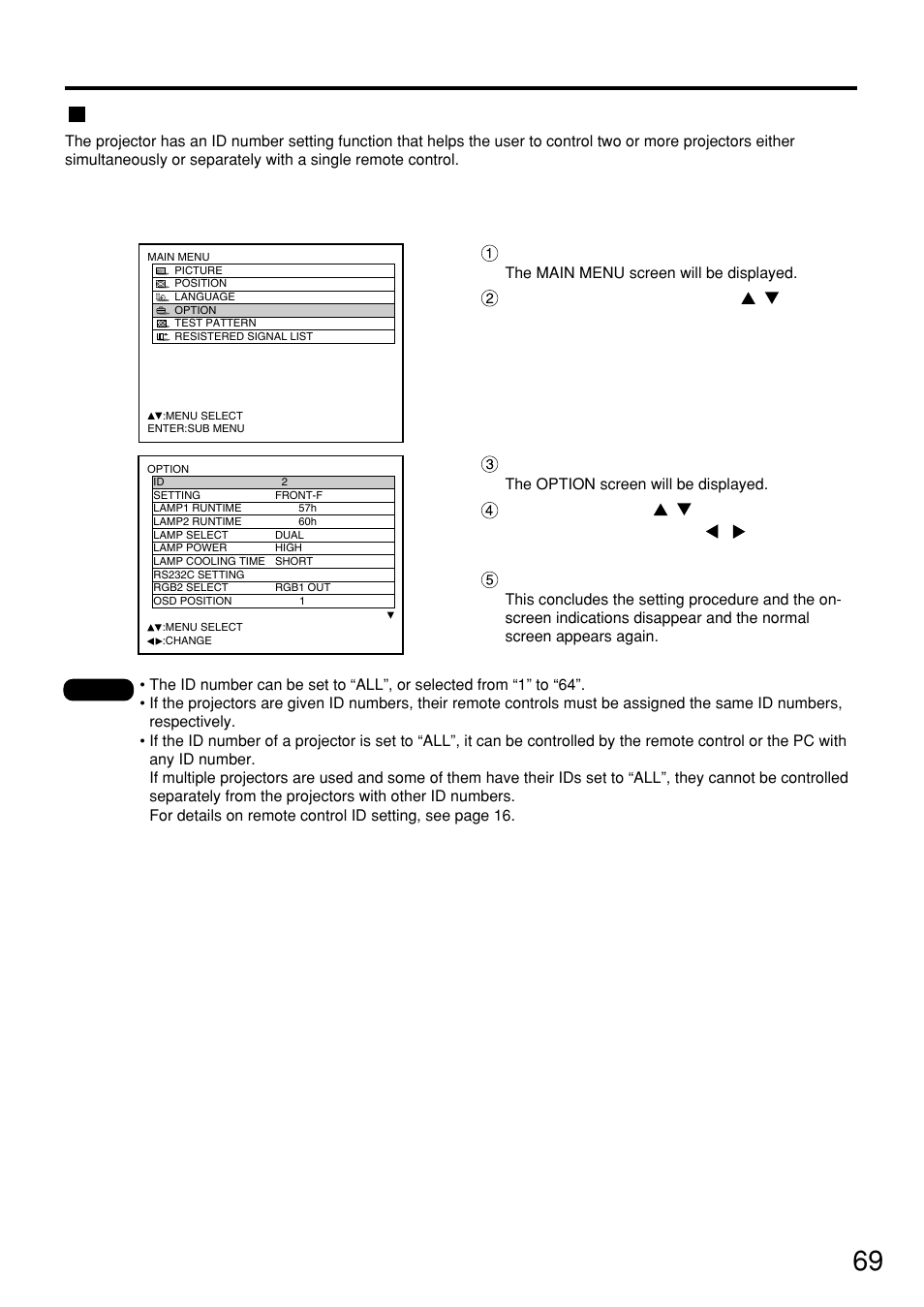 Optional settings, Id number setting, Option settings | Panasonic PT-D7500U User Manual | Page 69 / 112