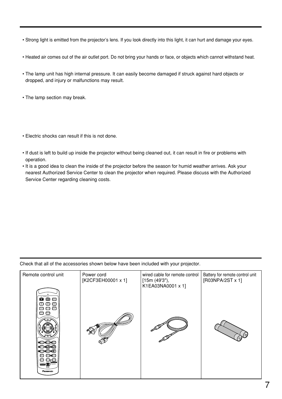 Accessories, Do not use the old lamp unit, Electric shocks can result if this is not done | Panasonic PT-D7500U User Manual | Page 7 / 112