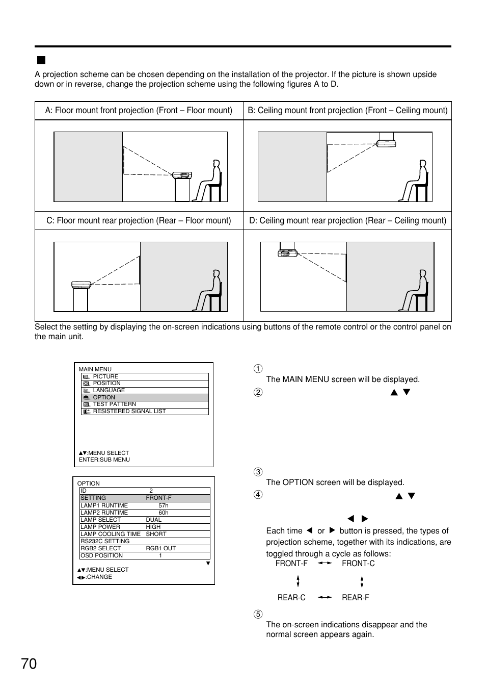 Installation setting, Optional settings, Procedure of setting | Press the “menu” button, Press the “menu” button twice | Panasonic PT-D7500U User Manual | Page 70 / 112