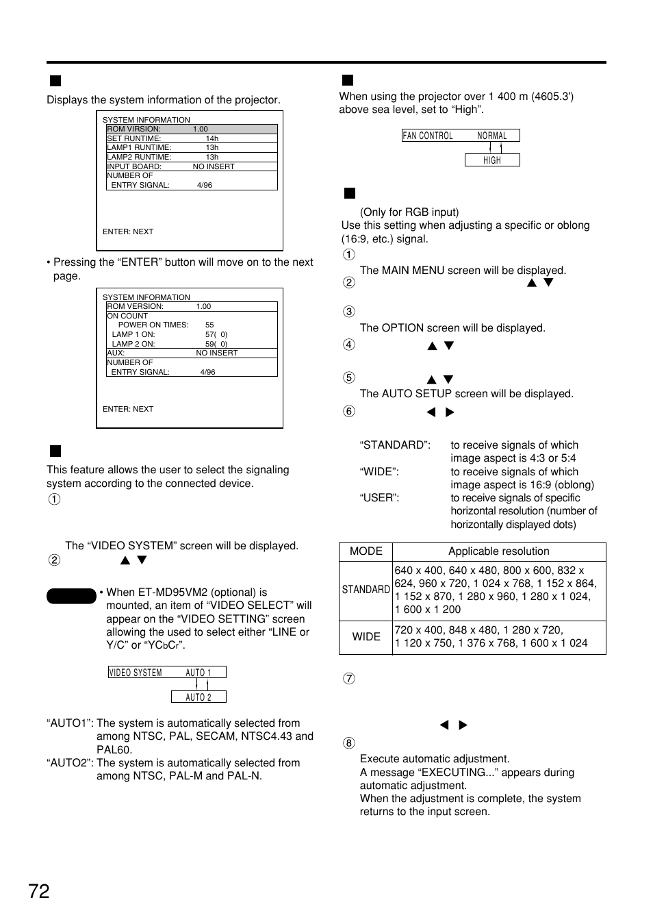 System information, Video setting, Fan control | Automatic adjustment, 72 system information, Option settings | Panasonic PT-D7500U User Manual | Page 72 / 112