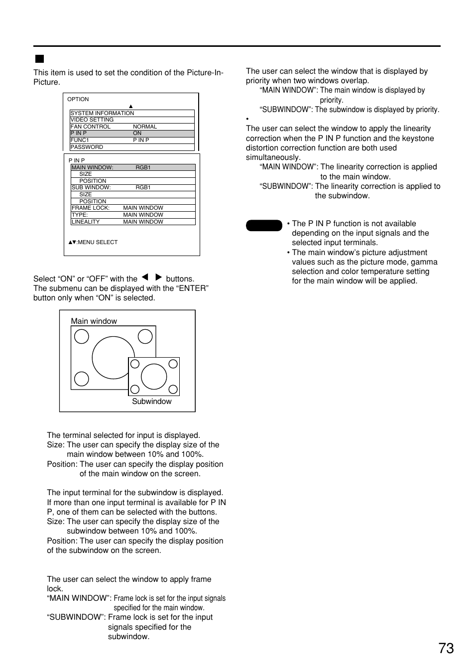 P in p, 73 p in p | Panasonic PT-D7500U User Manual | Page 73 / 112