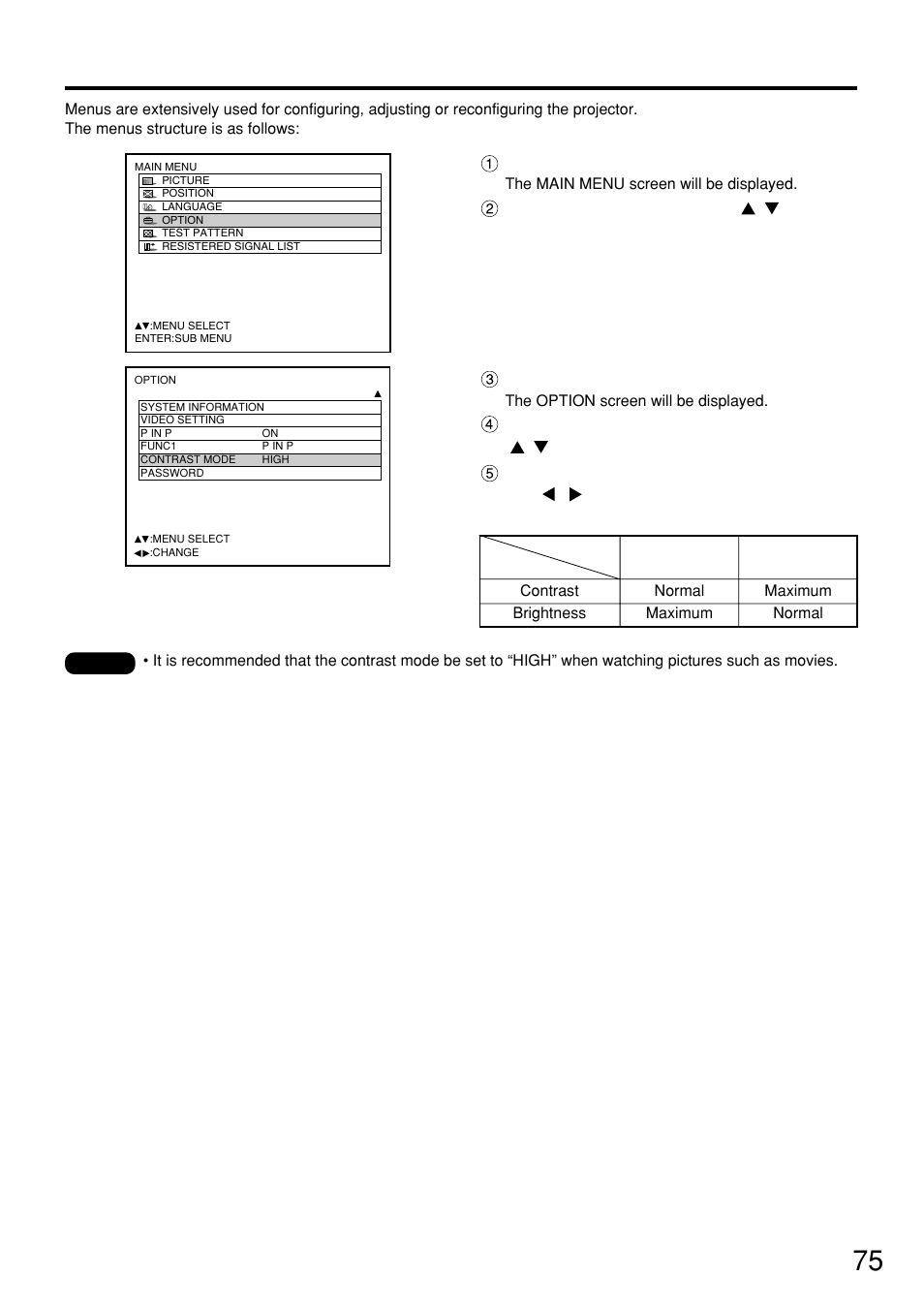 Setting the contrast mode | Panasonic PT-D7500U User Manual | Page 75 / 112