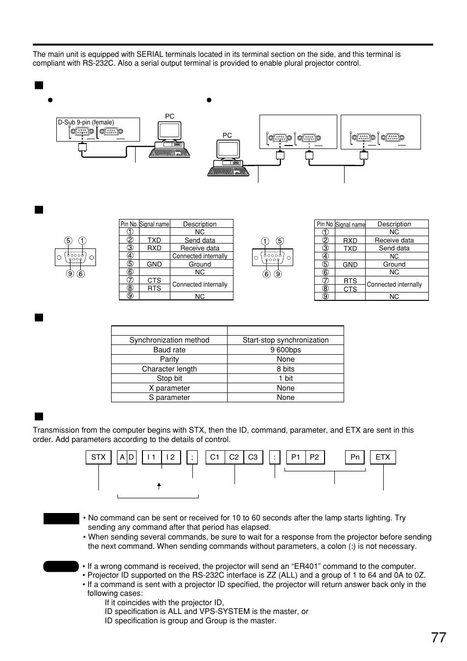 Using the serial terminals, Examples of connection, Pin assignments and signal names | Communication conditions (factory setting), Basic format, Single projector plural projectors | Panasonic PT-D7500U User Manual | Page 77 / 112
