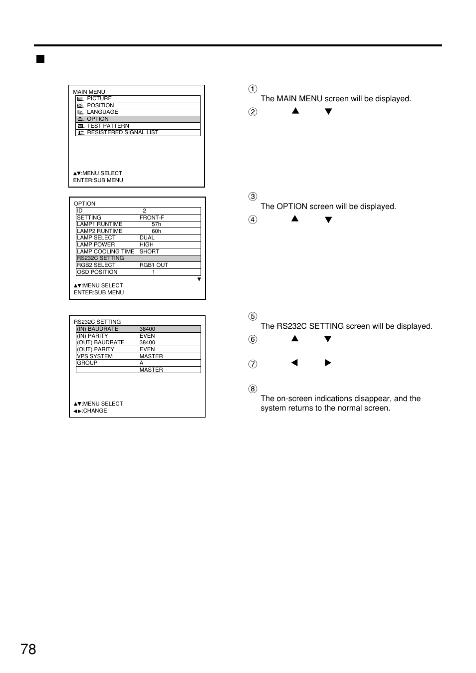 Procedure of setting communication conditions, Using the serial terminals, Press the “menu” button | Panasonic PT-D7500U User Manual | Page 78 / 112