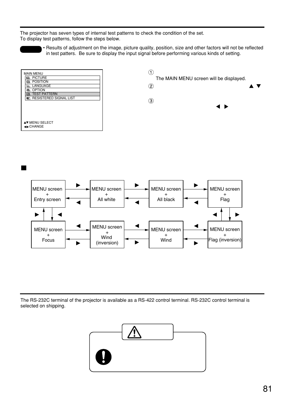 Displaying the internal test pattern, Cycle of displayed internal test patterns, Rs-422 control functions | Panasonic PT-D7500U User Manual | Page 81 / 112