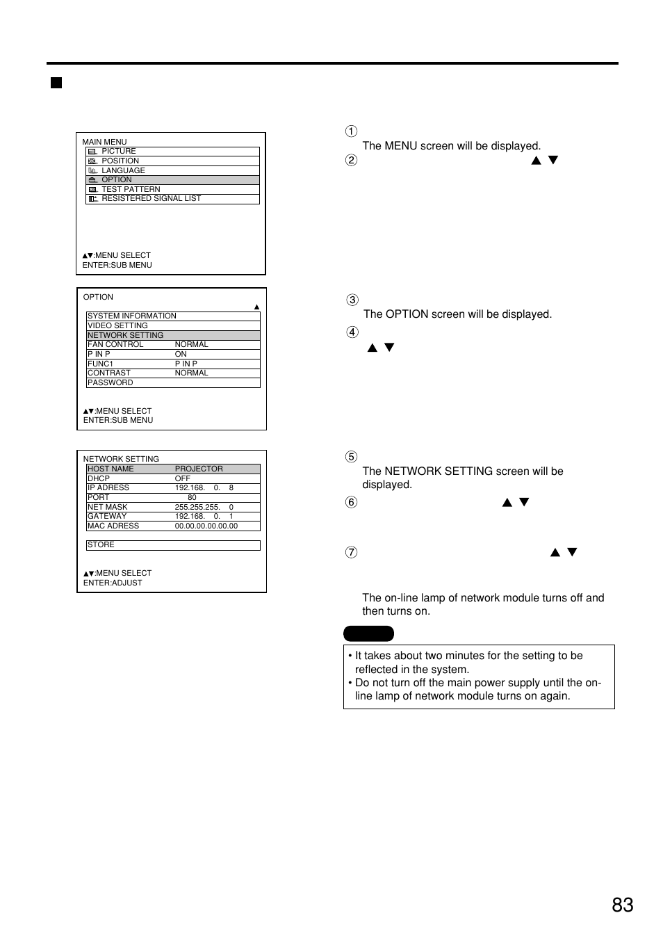 Initial setting of network module, Press the “enter” button, Select “network setting” with the buttons | Procedure of setting, Press the “menu” button, Select “option” with the buttons | Panasonic PT-D7500U User Manual | Page 83 / 112