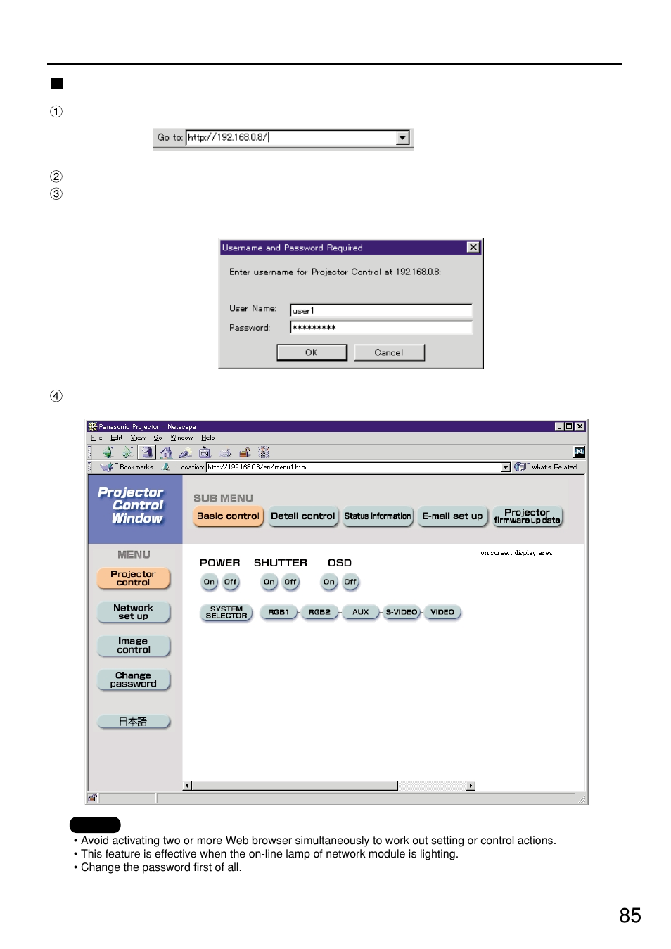 Accessing from the web browser, 85 accessing from the web browser | Panasonic PT-D7500U User Manual | Page 85 / 112