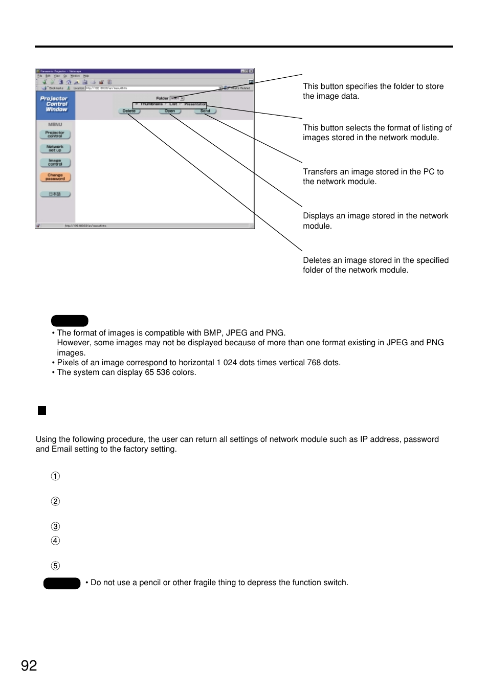 How to use network module (optional) | Panasonic PT-D7500U User Manual | Page 92 / 112