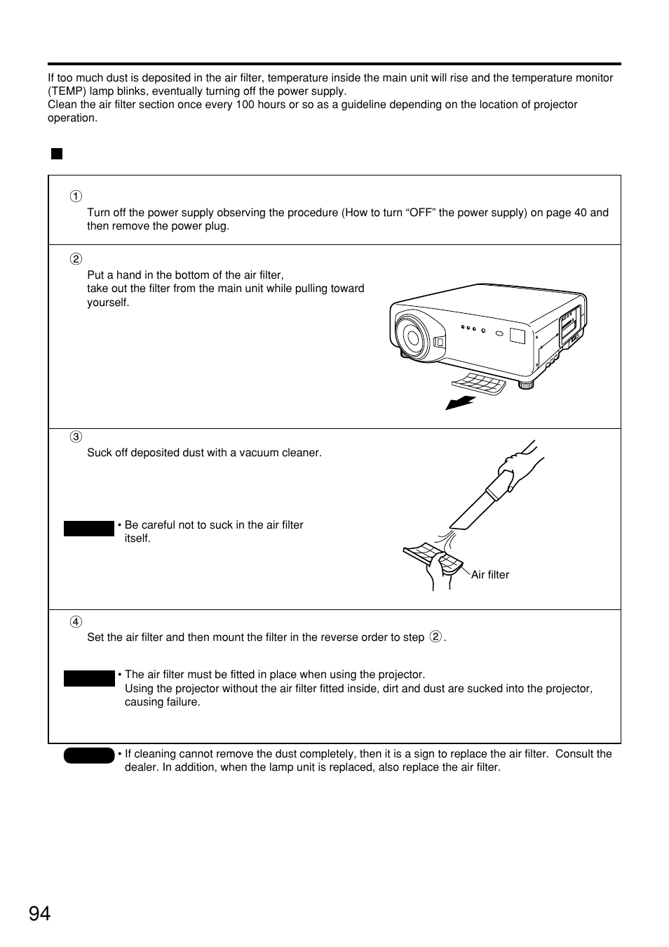 Cleaning and replacement of air filter, Procedure of cleaning | Panasonic PT-D7500U User Manual | Page 94 / 112