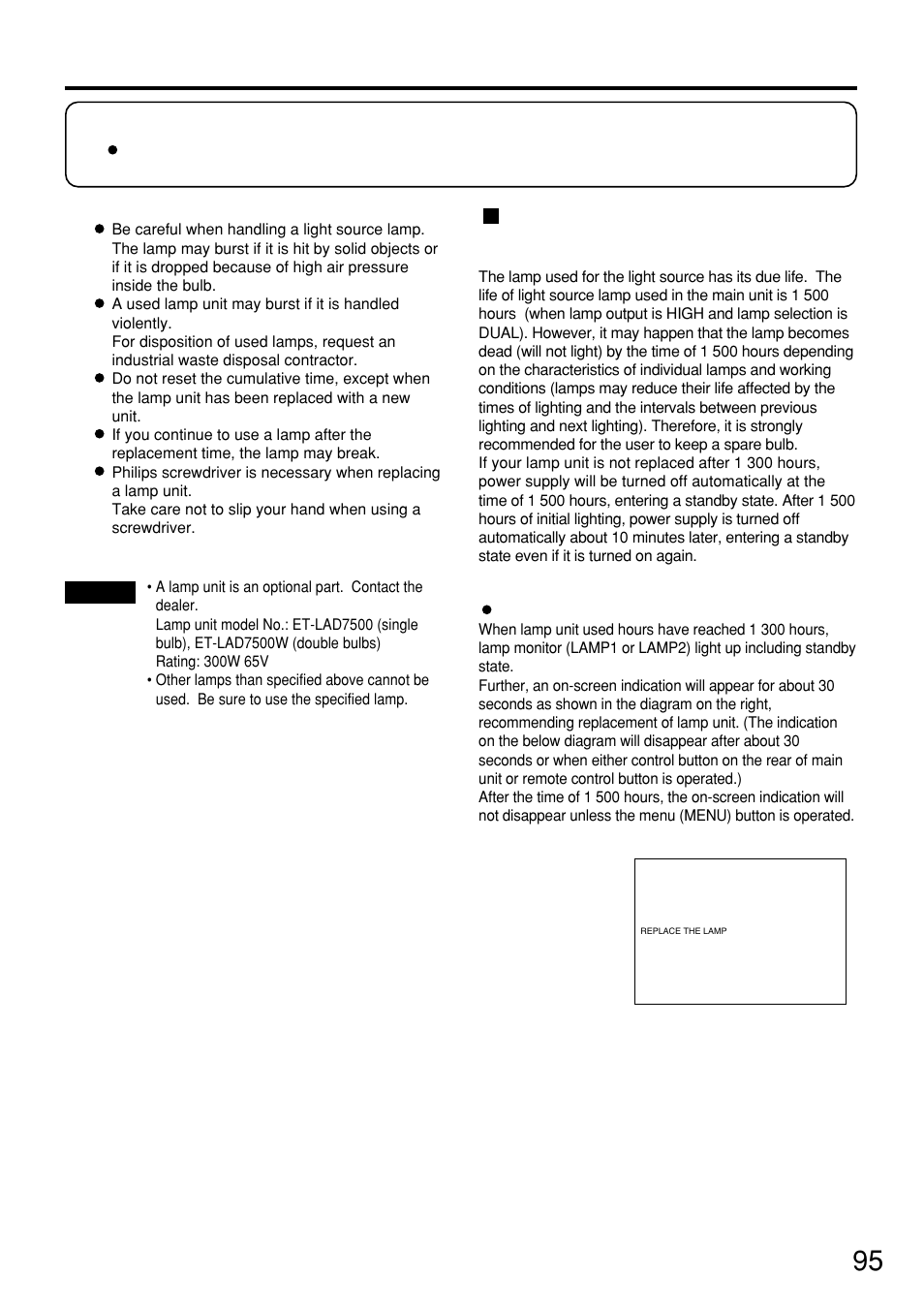 Replacement of lamp unit, Timing of lamp unit replacement | Panasonic PT-D7500U User Manual | Page 95 / 112