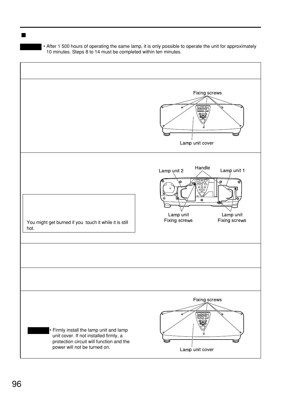 Procedure of lamp unit replacement, Caution | Panasonic PT-D7500U User Manual | Page 96 / 112