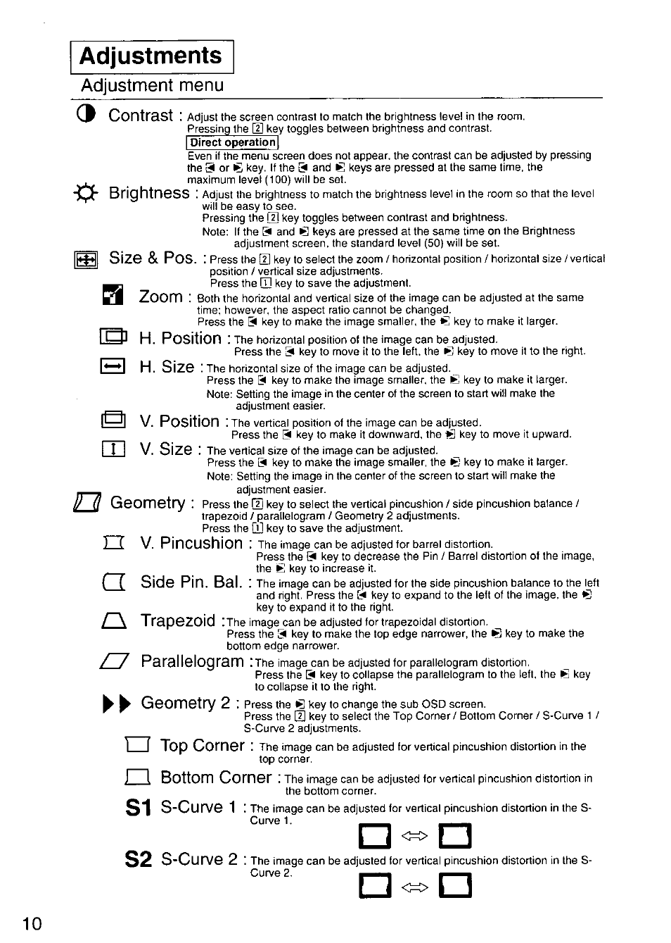 Adjustments, Adjustment menu, Contrast | Brightness, Щ size & pos, Zoom, D h. position, H h. size, V. position, M v. size | Panasonic TX-D9S45MB User Manual | Page 11 / 51