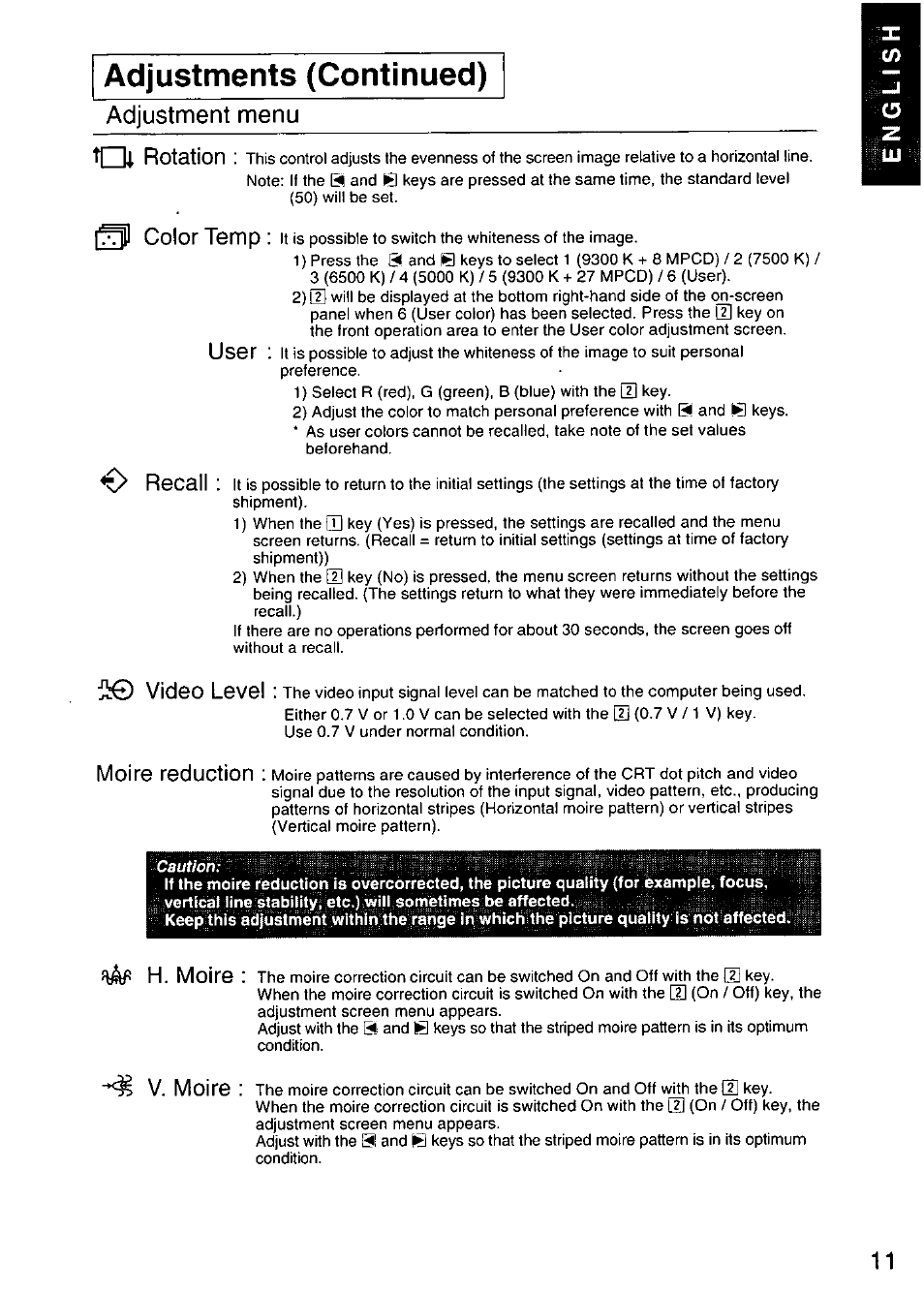 Cauf/on, Adjustments (continued), Adjustment menu t| tt rotation | G color temp, Recall, Ii© video level, Moi re reduction, H. moire ^ v. moire | Panasonic TX-D9S45MB User Manual | Page 12 / 51