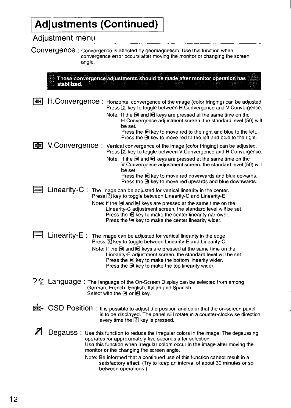 Adjustments (continued), A(jjustment menu convergence, H.convergence | V.convergence, 1=1 linearity-c, B linearity-e, Language, Òsoh osd position, Degauss | Panasonic TX-D9S45MB User Manual | Page 13 / 51