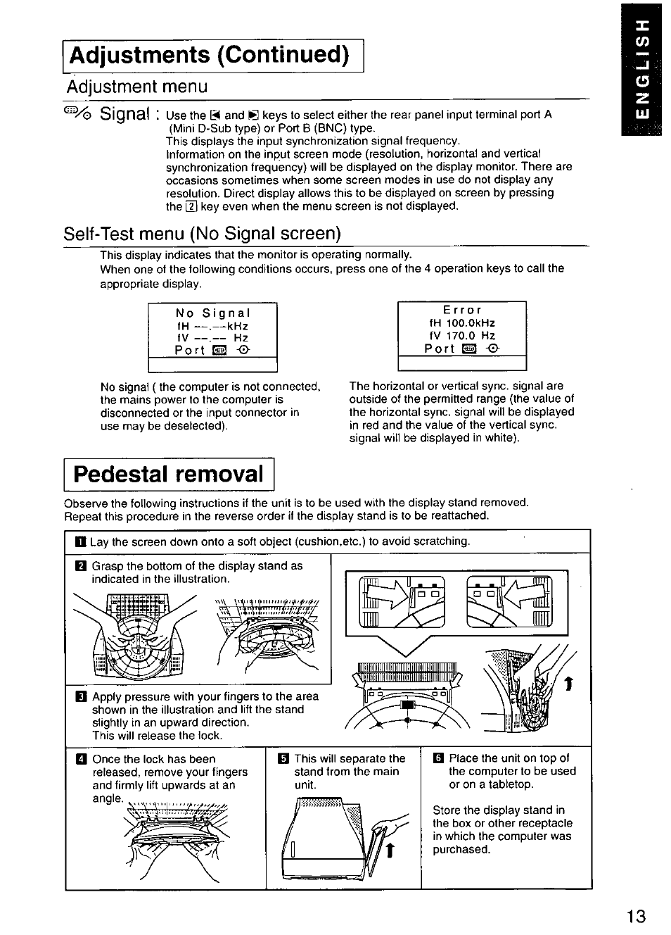 Adjustments (continued), Pedestal removal, Adjustment menu signal | Self-test menu (no signal screen) | Panasonic TX-D9S45MB User Manual | Page 14 / 51