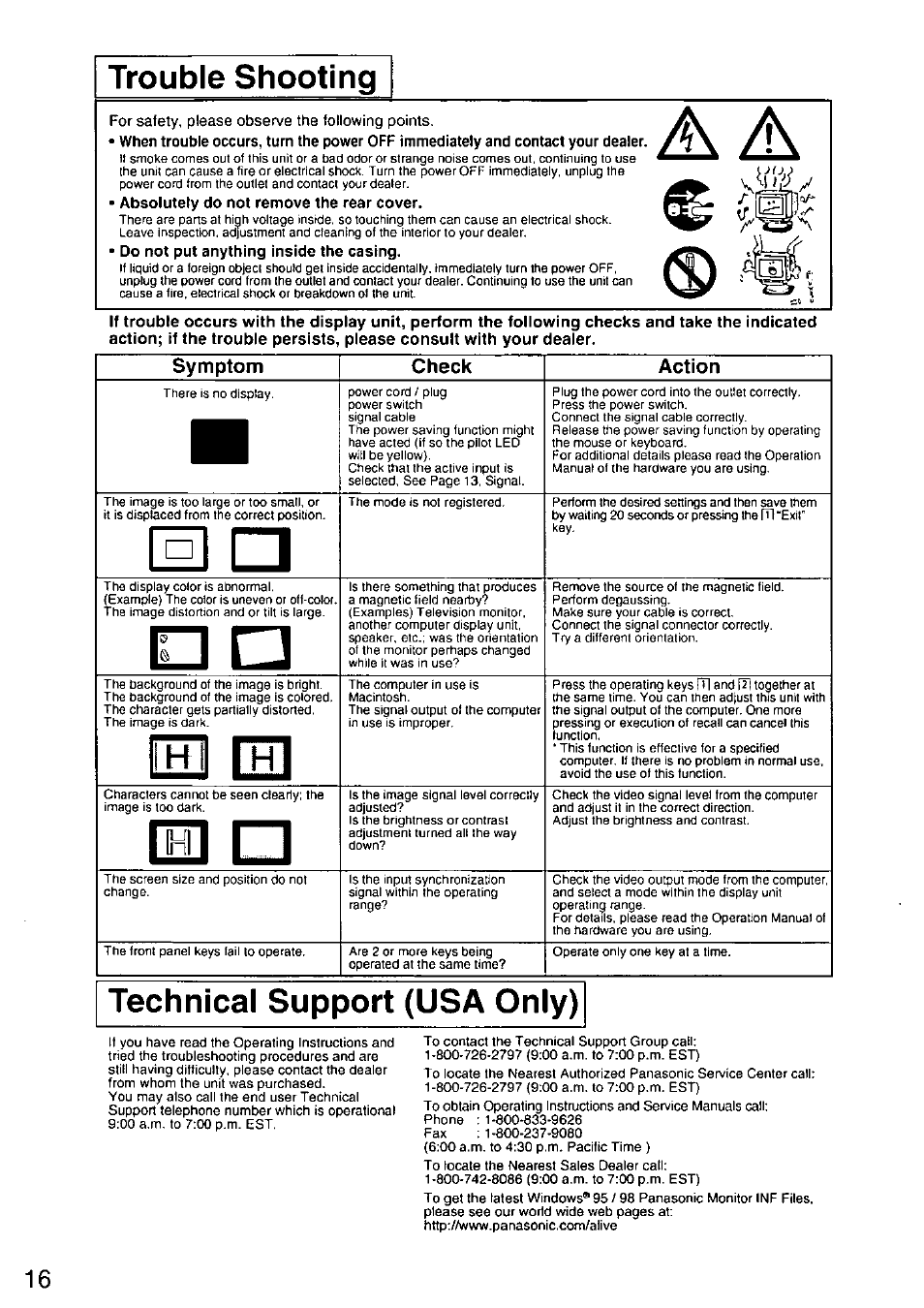 Trouble shooting, Technical support (usa only) | Panasonic TX-D9S45MB User Manual | Page 17 / 51