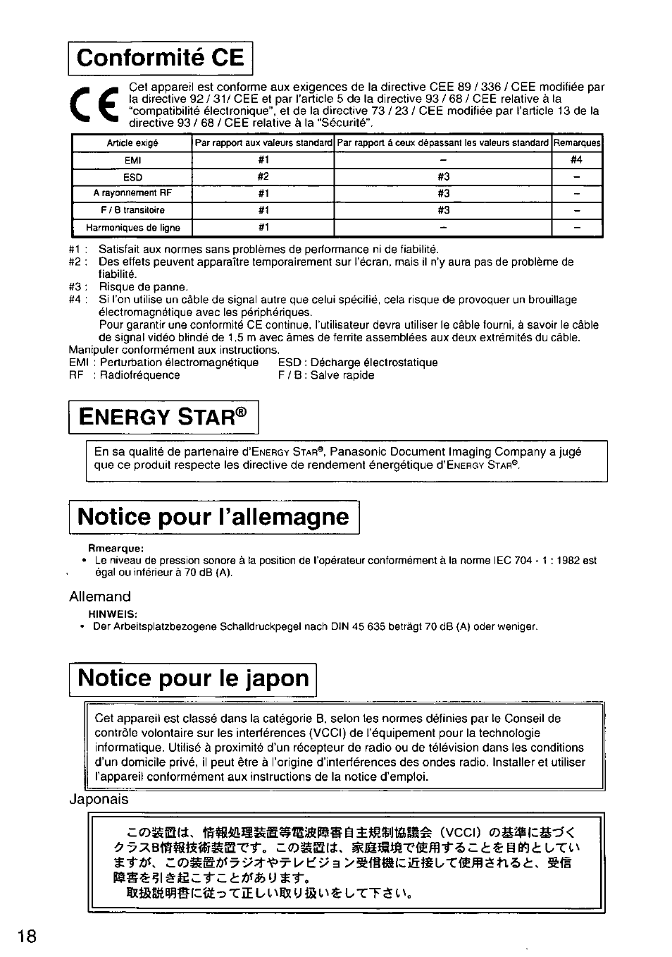 Allemand, Japonais, Iciï o тш c t\®t u îs и ^ b tt г и | Conformité ce, Notice pour l’allemagne, Notice pour ie japon, Energy star | Panasonic TX-D9S45MB User Manual | Page 19 / 51