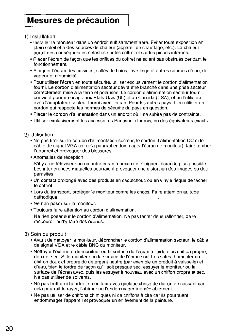1) installation, 2) utilisation, 3) soin du produit | Mesures de précaution | Panasonic TX-D9S45MB User Manual | Page 21 / 51