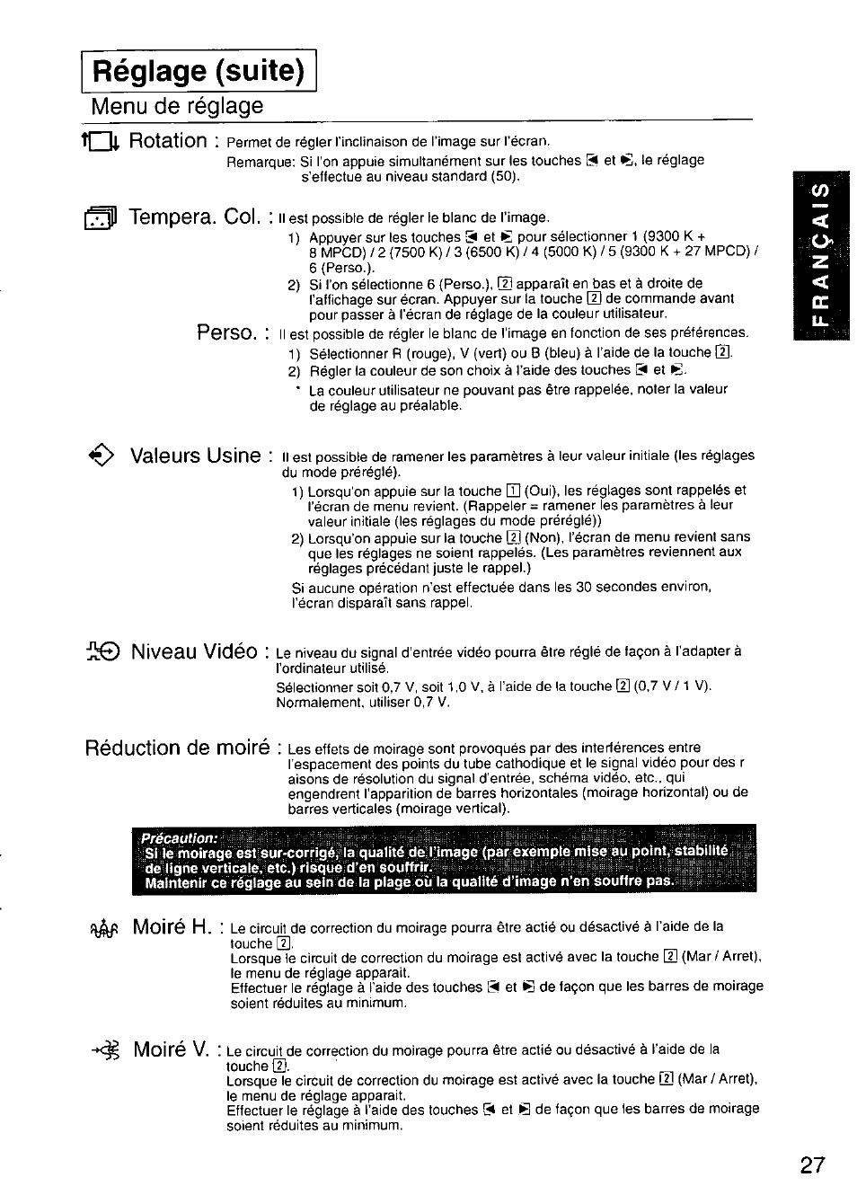 Réglage (suite), Menu de réglage, Rotation | Д tempera. col. perso, Valeurs usine, Ii£) niveau vidéo, Réduction de moiré, Moiré h, Moiré v, T| il | Panasonic TX-D9S45MB User Manual | Page 28 / 51