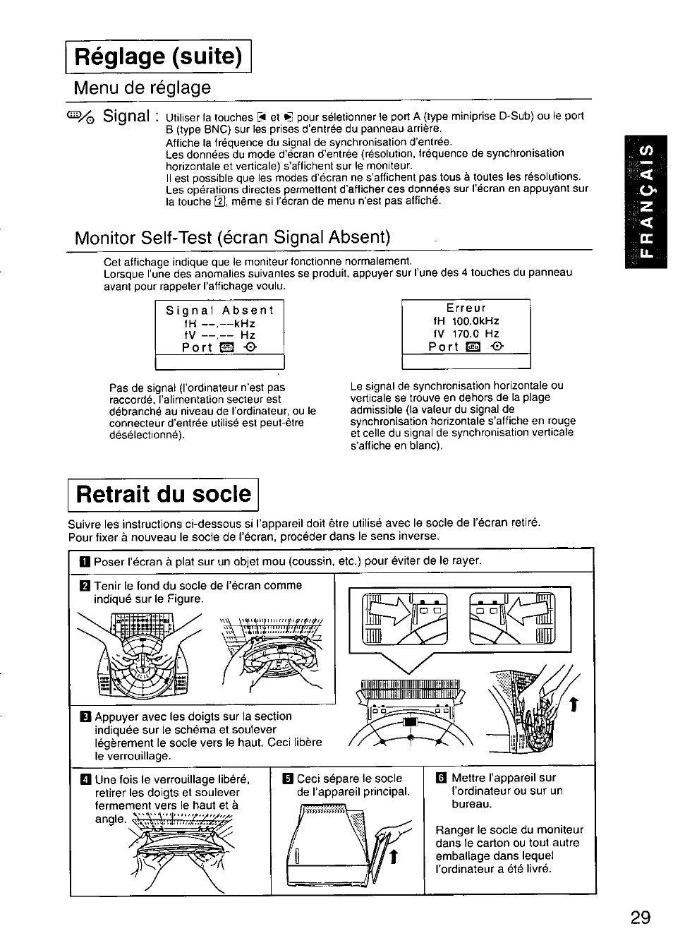 Réglage (suite), Retrait du socle, Menu (de réglage signal | Monitor self-test (écran signal absent) | Panasonic TX-D9S45MB User Manual | Page 30 / 51