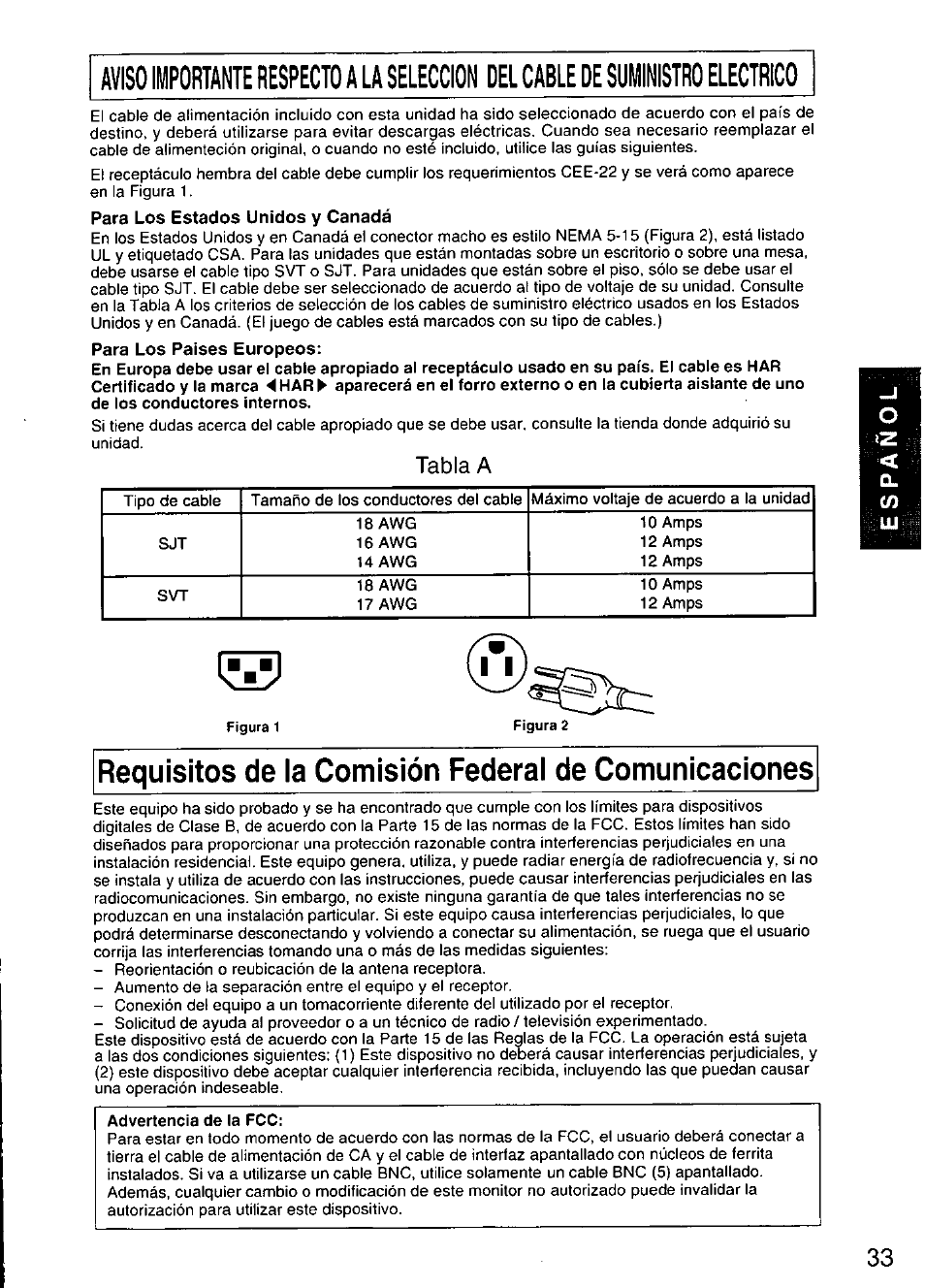 Para los estados unidos y canadá, Para los países europeos, Advertencia de la fcc | Tabla a | Panasonic TX-D9S45MB User Manual | Page 34 / 51