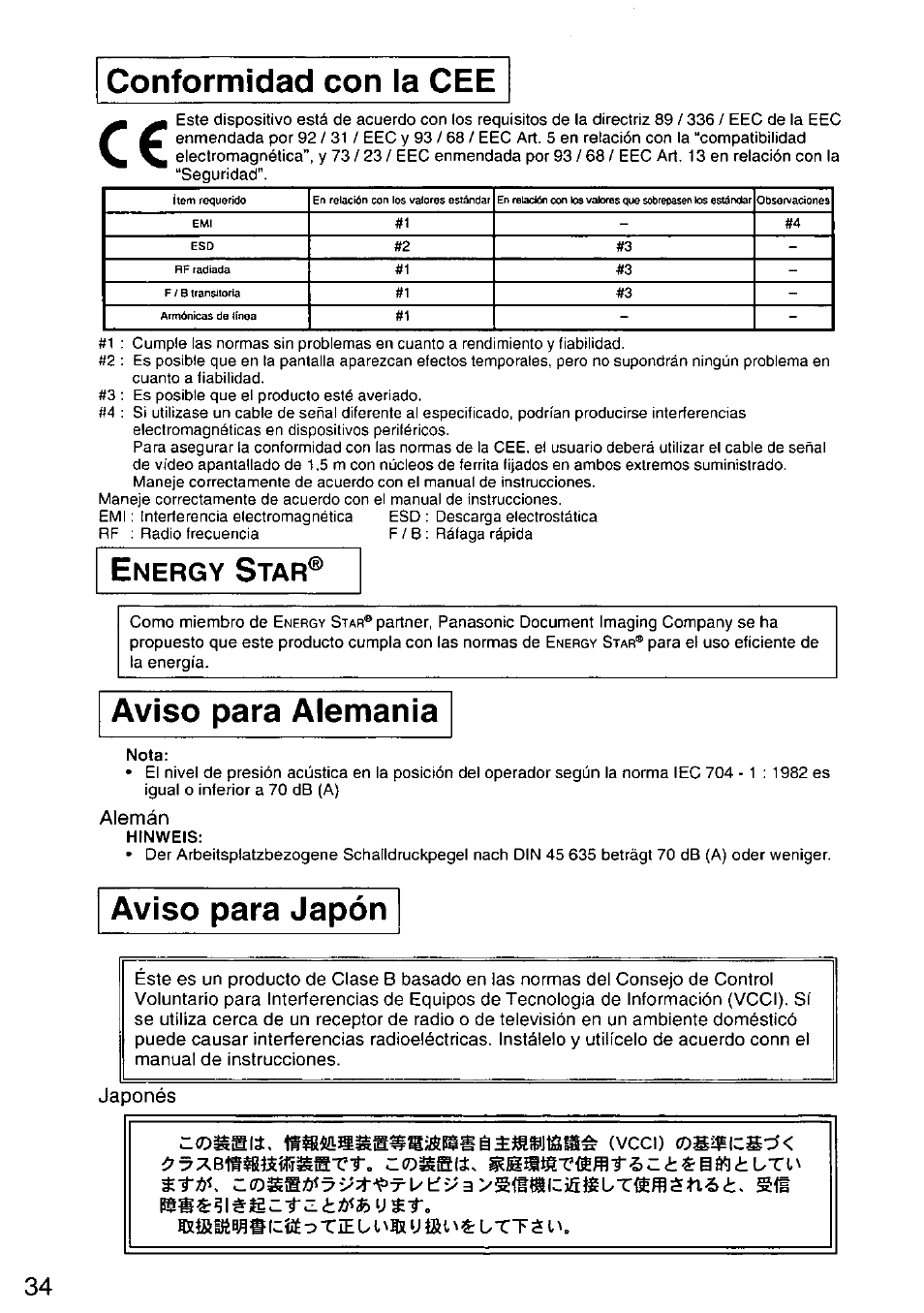 Conformidad con la cee, Aviso para alemania, Aviso para japón | Nergy | Panasonic TX-D9S45MB User Manual | Page 35 / 51
