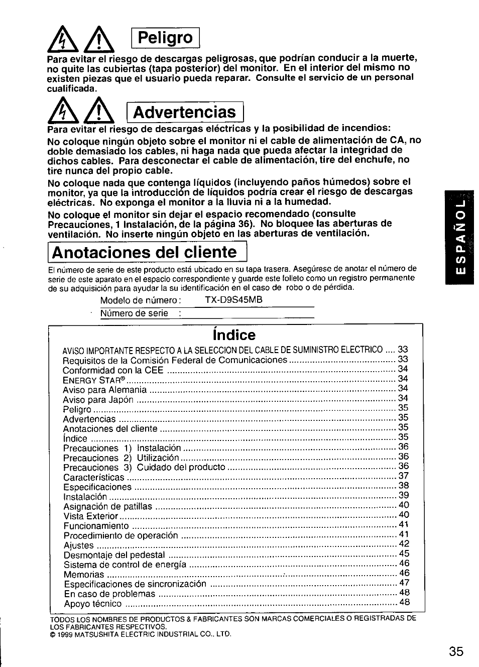 Peligro, Advertencias, Anotaciones del cliente | Indice | Panasonic TX-D9S45MB User Manual | Page 36 / 51