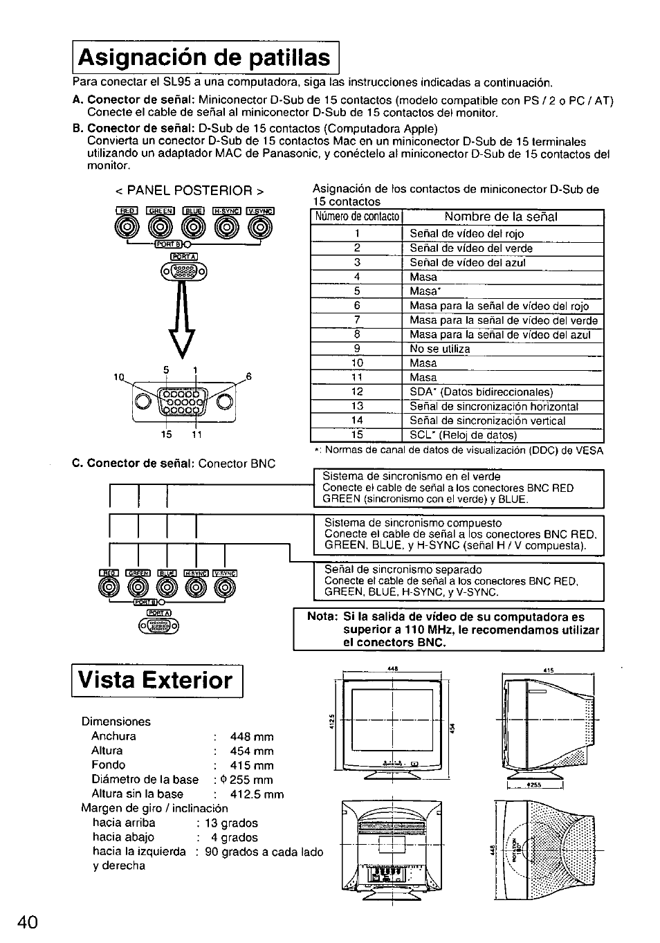 Panel posterior, Asignación de patillas, Vista exterior | Panasonic TX-D9S45MB User Manual | Page 41 / 51