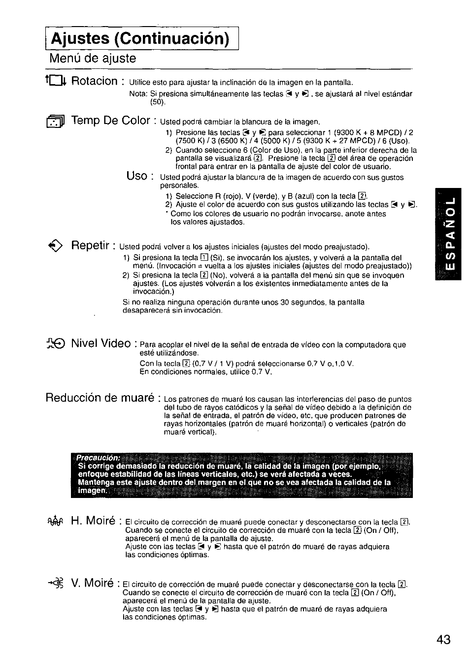 Ajustes (continuación), Menú de ajuste tchi rotación, Ql temp de color | Repetir, Ü© nivel video, Reducción de muaré, H. moiré, V. moiré | Panasonic TX-D9S45MB User Manual | Page 44 / 51
