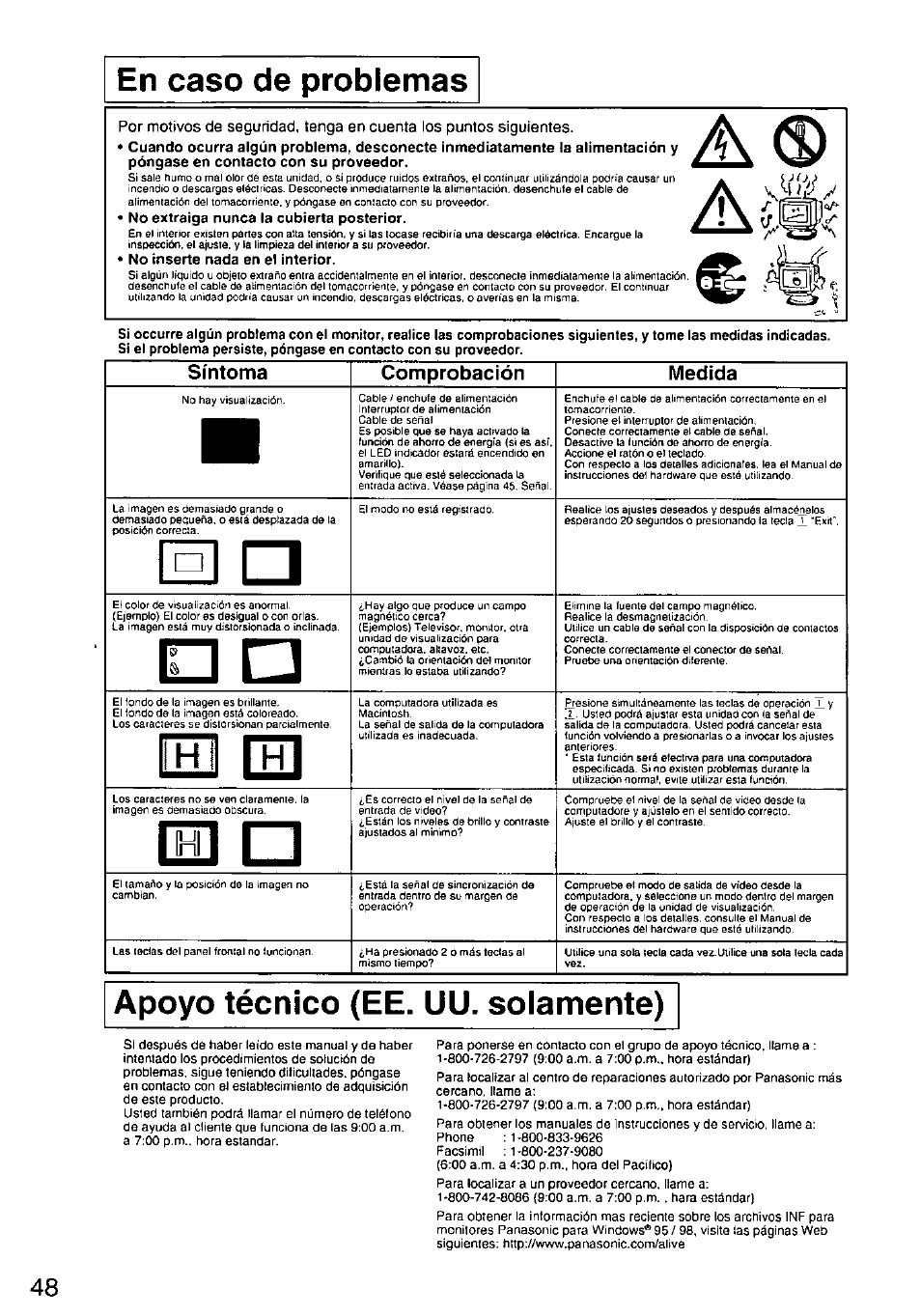 Él o, El el, Apoyo técnico (ее. uu. solamente) | Síntoma comprobación medida | Panasonic TX-D9S45MB User Manual | Page 49 / 51