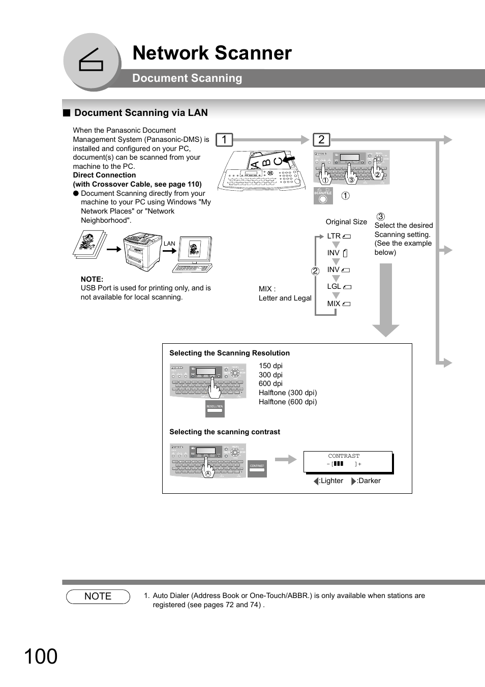 Network scanner, Document scanning, Document scanning via lan | S 100, Ab c | Panasonic UF-8000 User Manual | Page 100 / 126