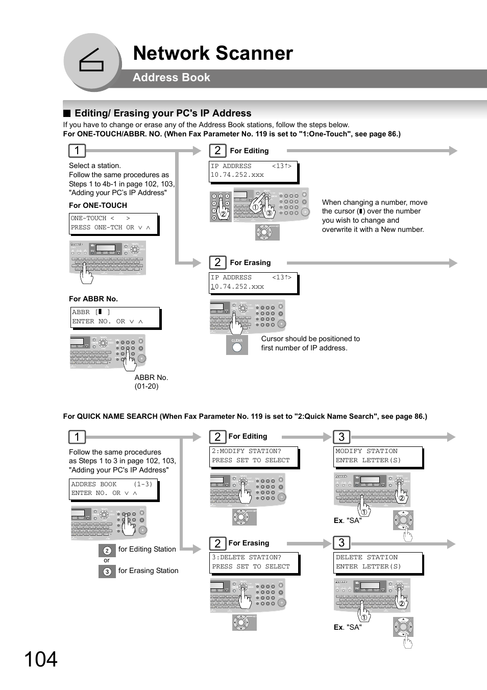 Editing/ erasing your pc's ip address, Network scanner, Address book | Panasonic UF-8000 User Manual | Page 104 / 126