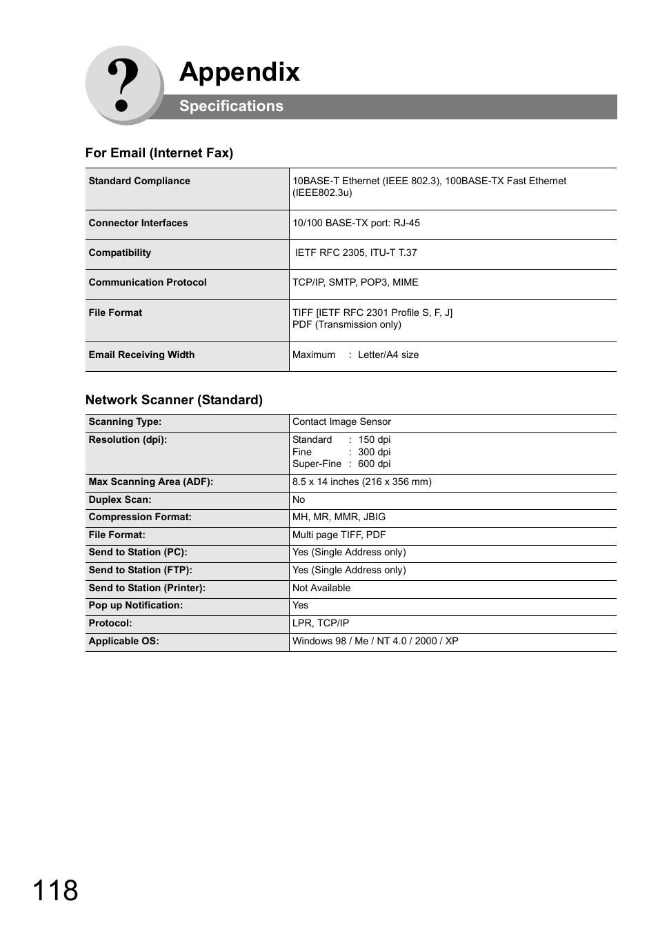 Appendix, Specifications, S 118 | Panasonic UF-8000 User Manual | Page 118 / 126