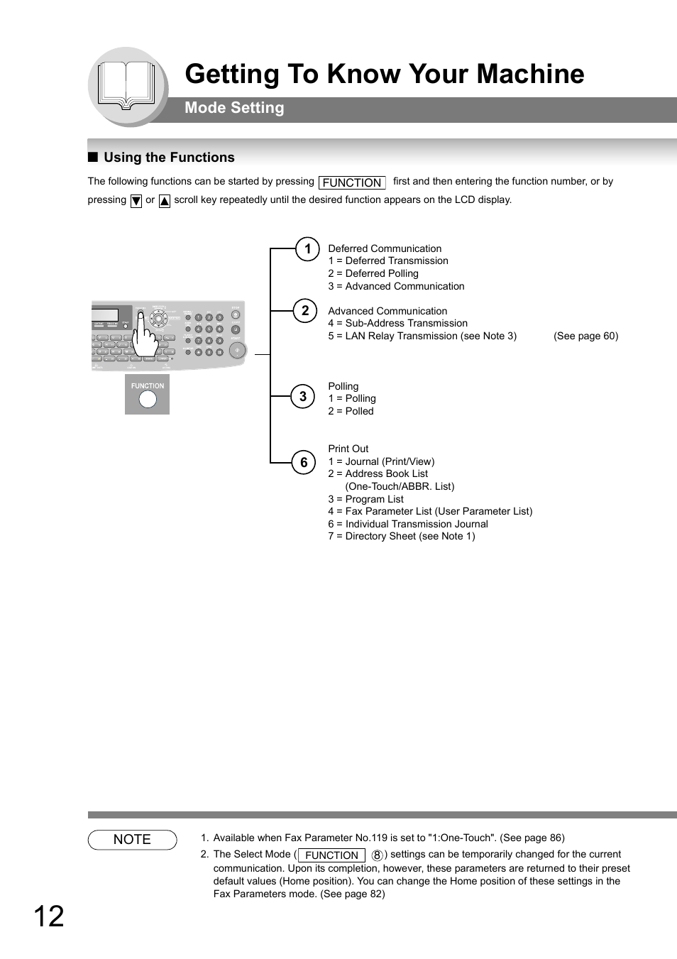 Mode setting, Using the functions, Getting to know your machine | Panasonic UF-8000 User Manual | Page 12 / 126