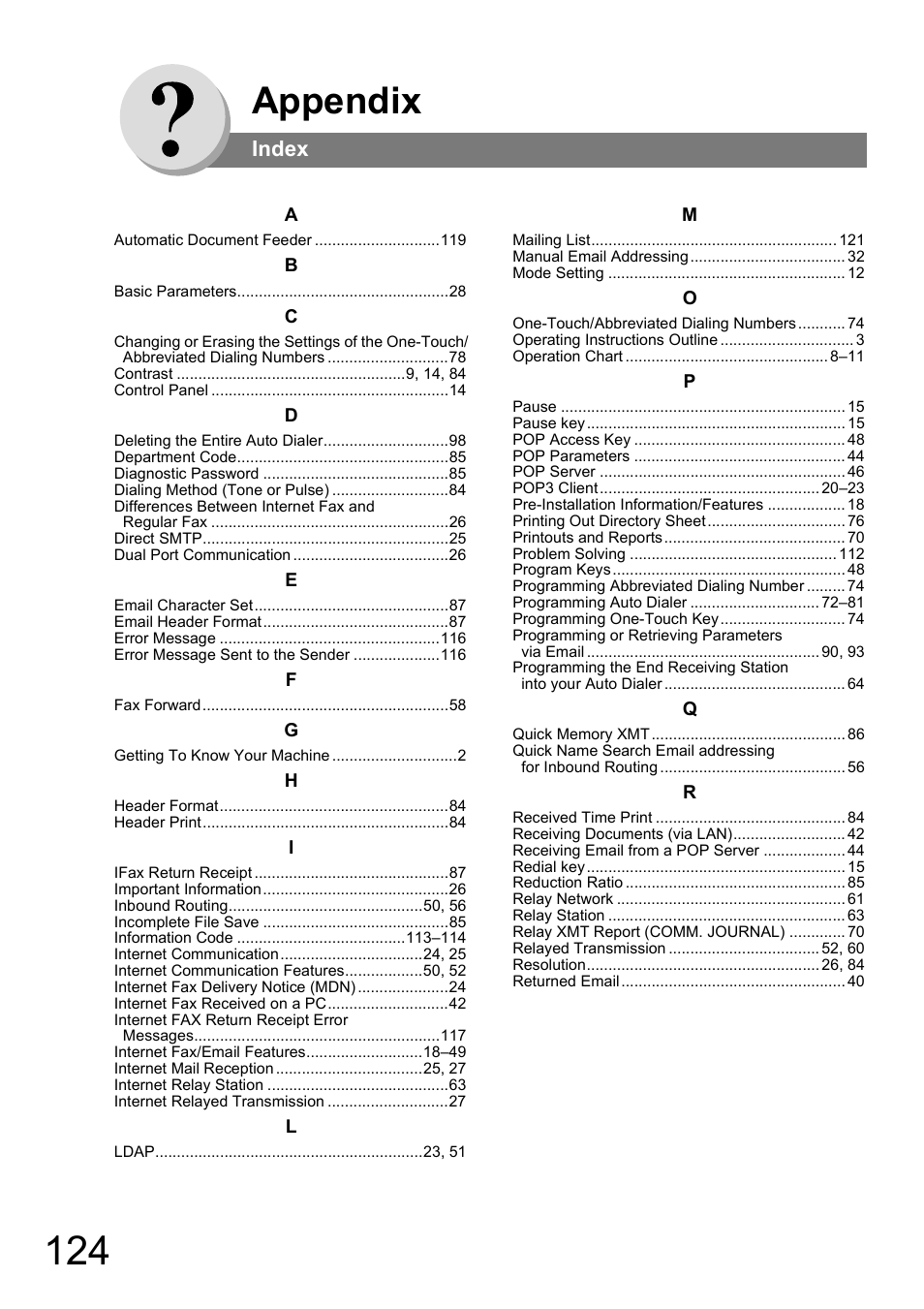 Index, Appendix | Panasonic UF-8000 User Manual | Page 124 / 126