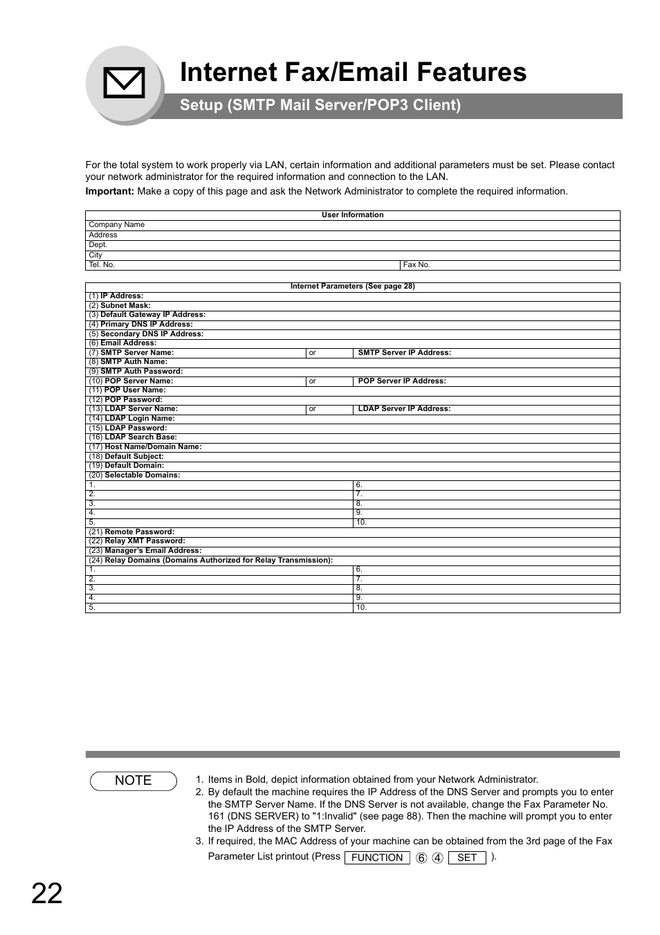 Internet fax/email features, Setup (smtp mail server/pop3 client) | Panasonic UF-8000 User Manual | Page 22 / 126