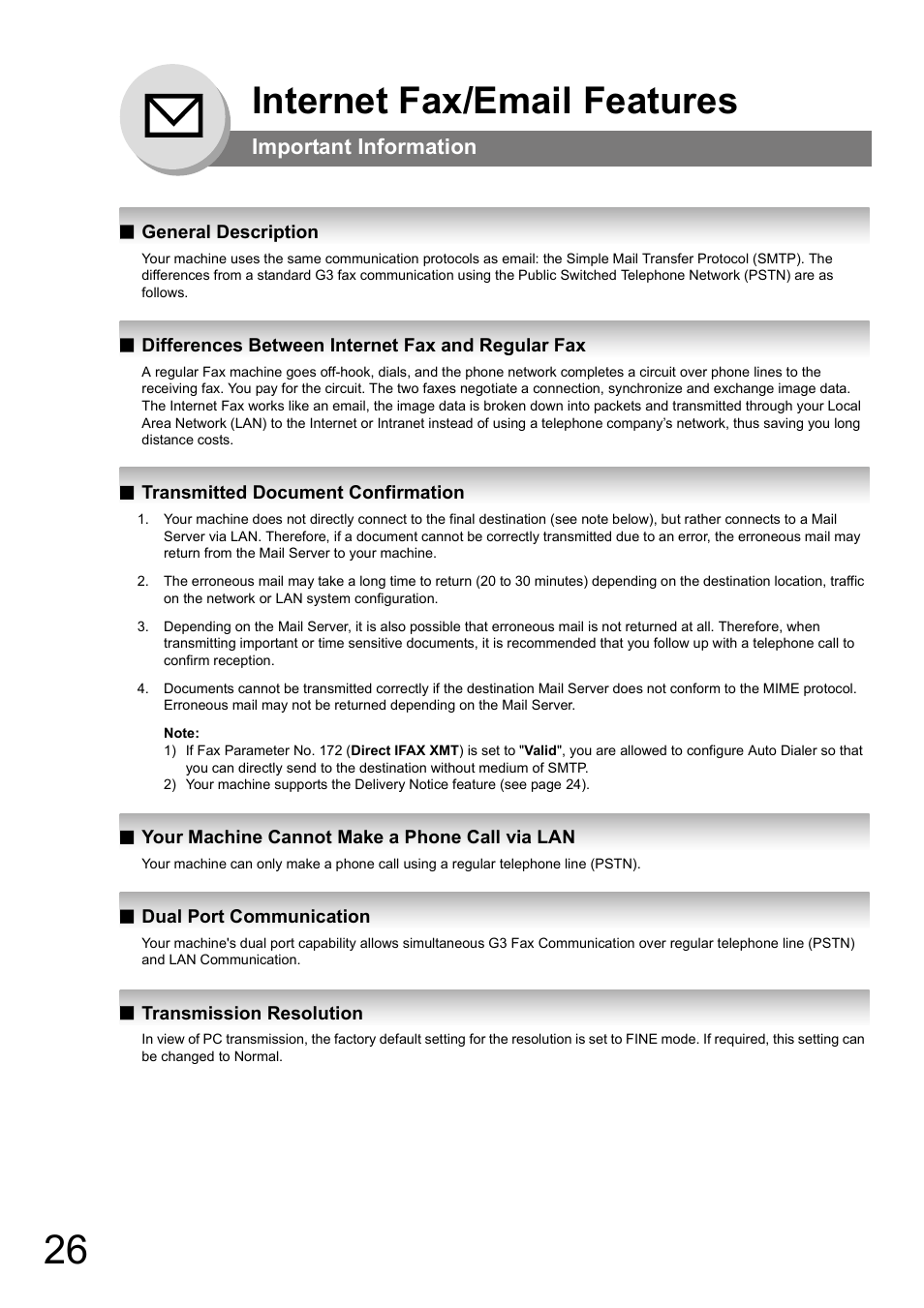 Important information, General description, Differences between internet fax and regular fax | Transmitted document confirmation, Your machine cannot make a phone call via lan, Dual port communication, Transmission resolution, Internet fax/email features | Panasonic UF-8000 User Manual | Page 26 / 126