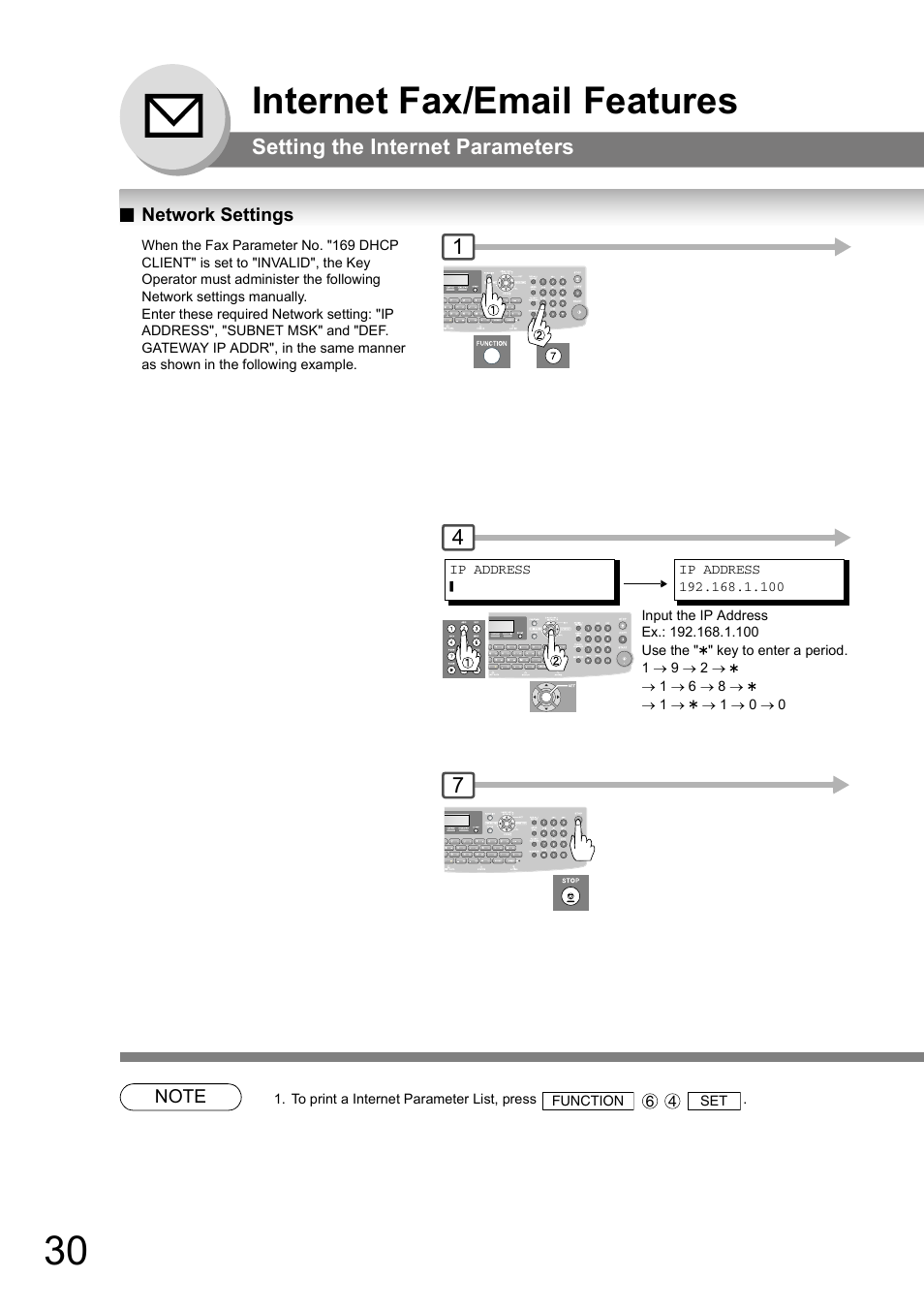 Network settings, Internet fax/email features, Setting the internet parameters | Panasonic UF-8000 User Manual | Page 30 / 126