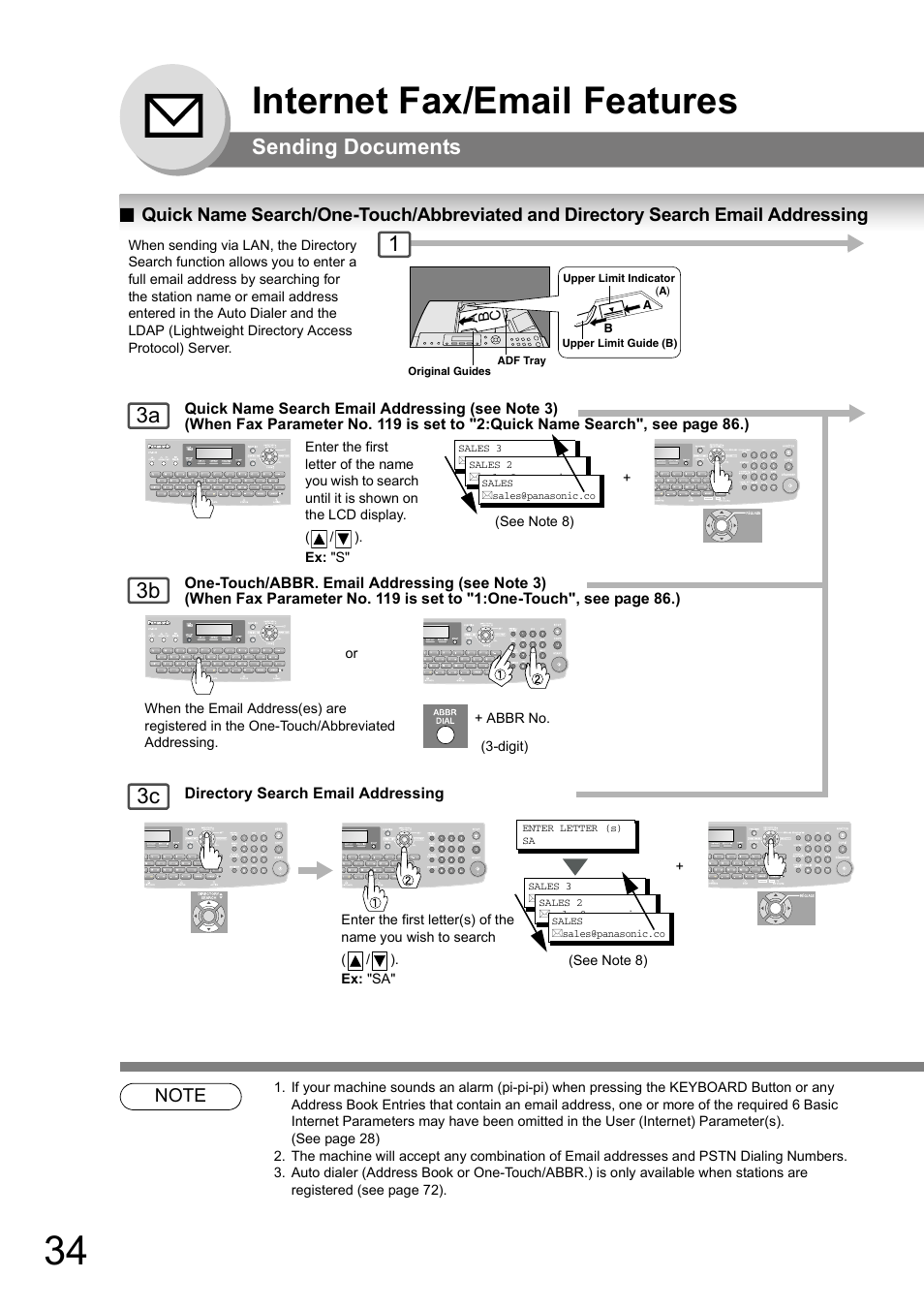 Quick name search/one-touch/abbreviated and, Directory search email addressing, Internet fax/email features | Sending documents, 3a 3b 3c 1 | Panasonic UF-8000 User Manual | Page 34 / 126