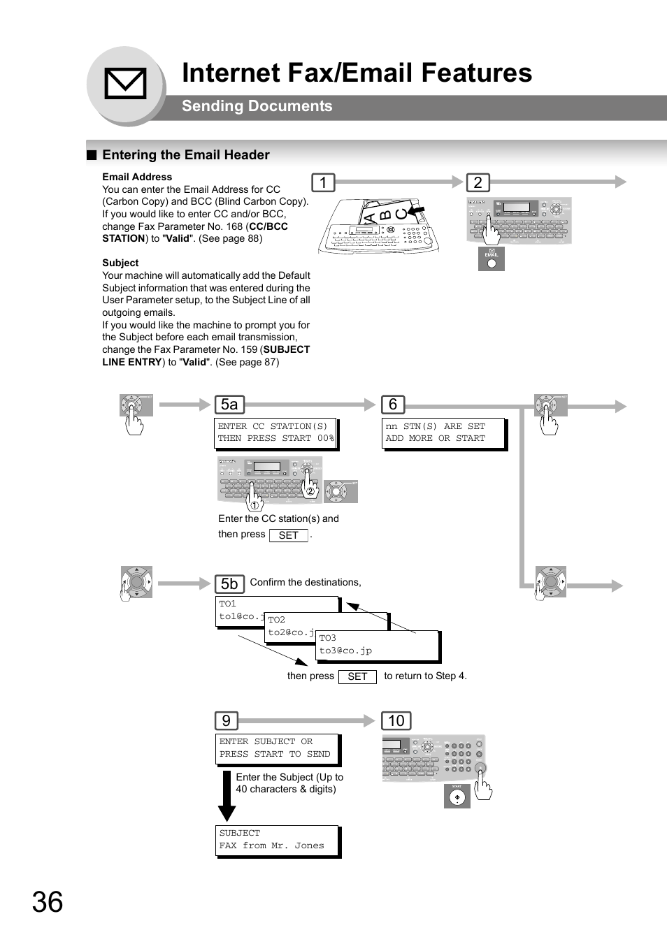 Entering the email header, Internet fax/email features, Sending documents | Panasonic UF-8000 User Manual | Page 36 / 126