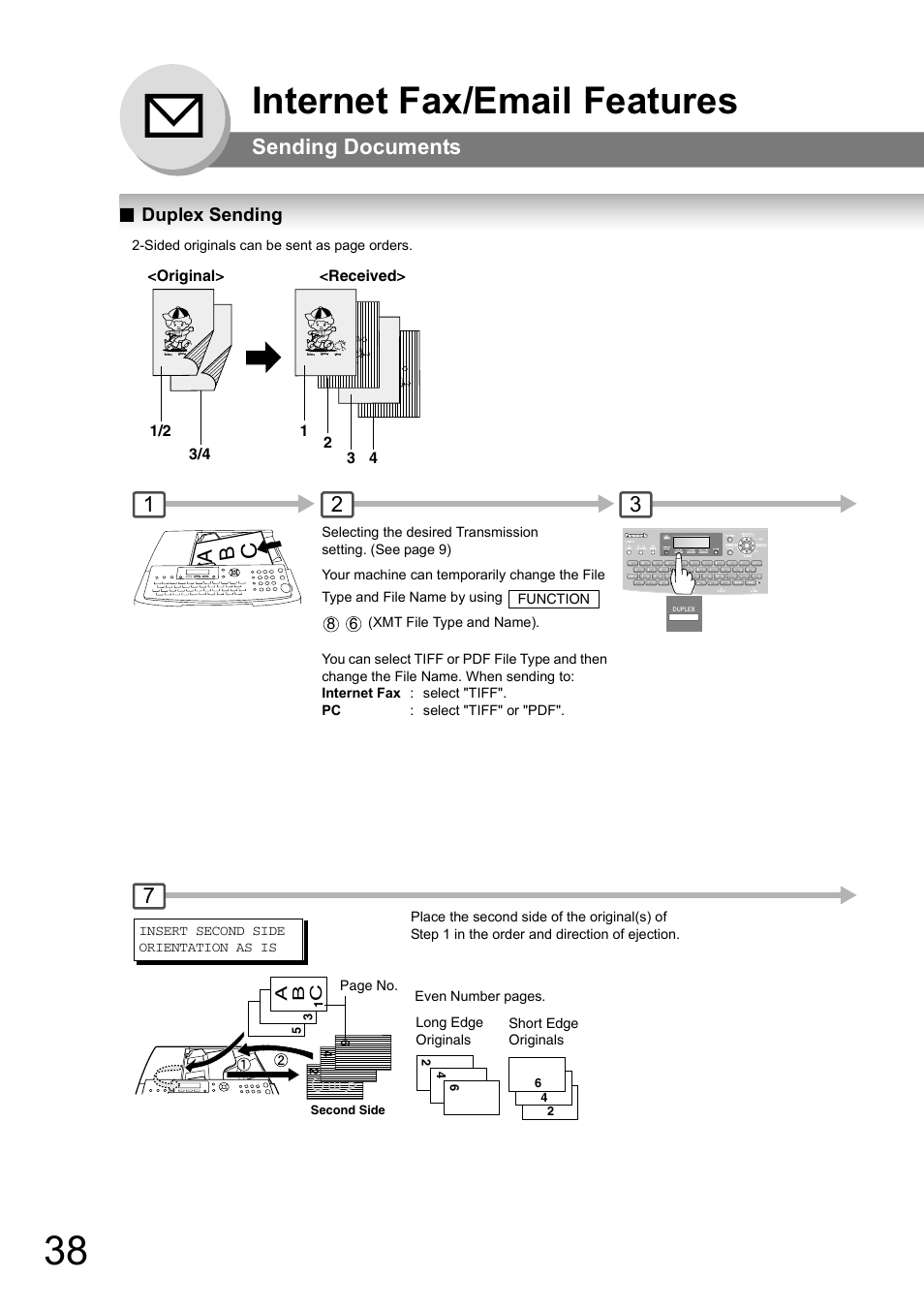 Duplex sending, Internet fax/email features, Sending documents | Ab c | Panasonic UF-8000 User Manual | Page 38 / 126